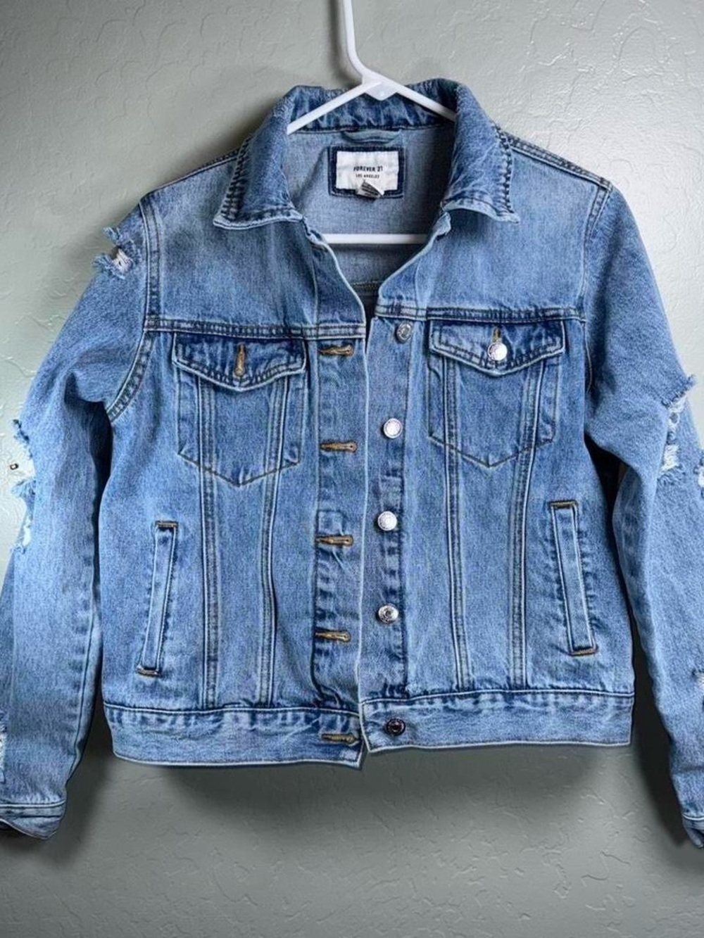 Forever 21 Distressed Denim Jacket Medium Light Wash Ripped Jean Jacket